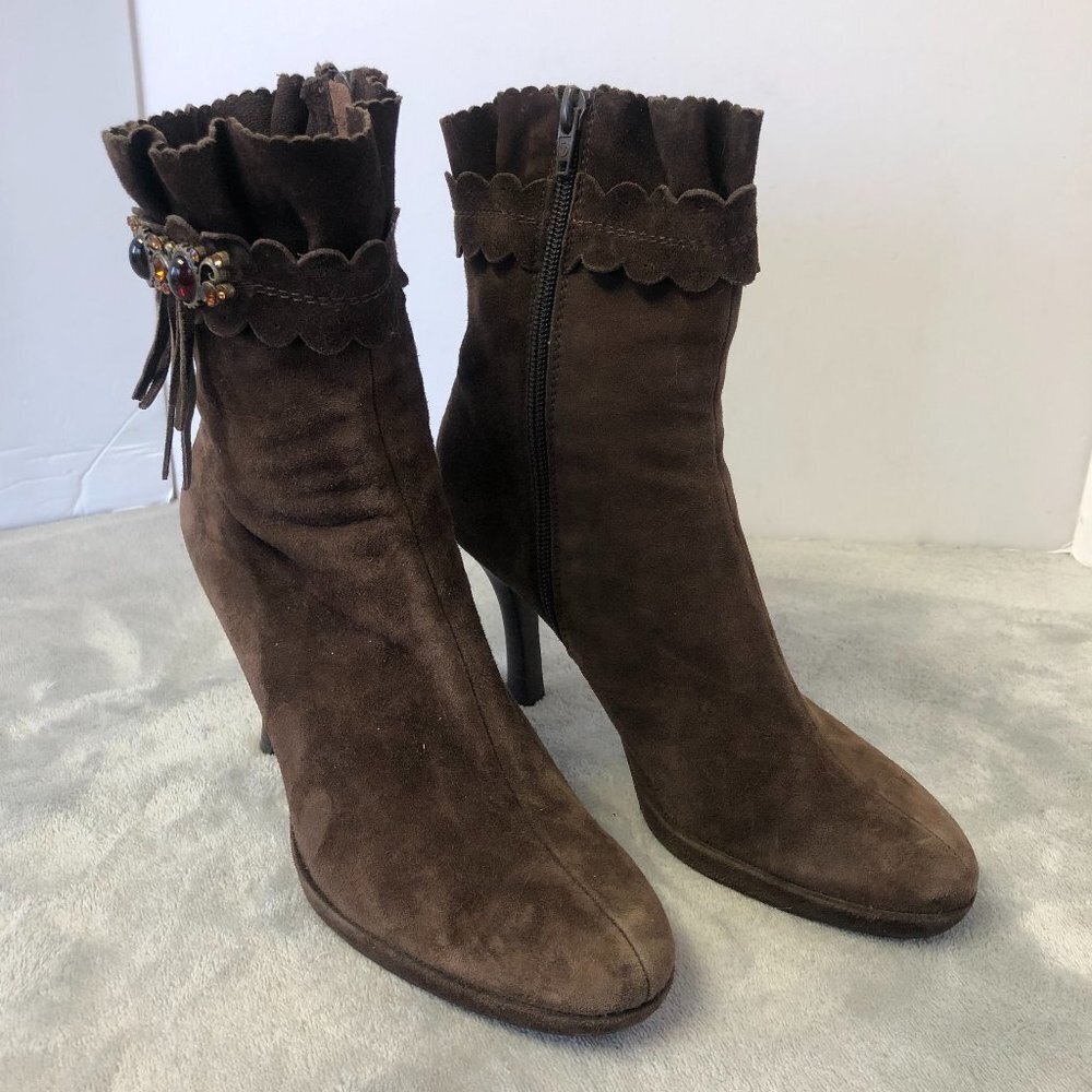 Belle Brown Suede Heeled Mid Calf Side Zip Boot Size 7